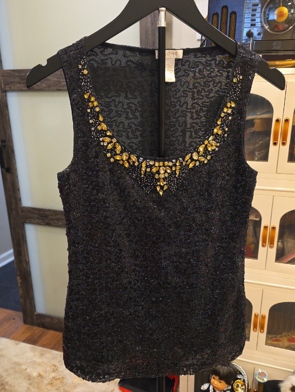 Cache Black Beaded Tank Top with Gold Embellishment